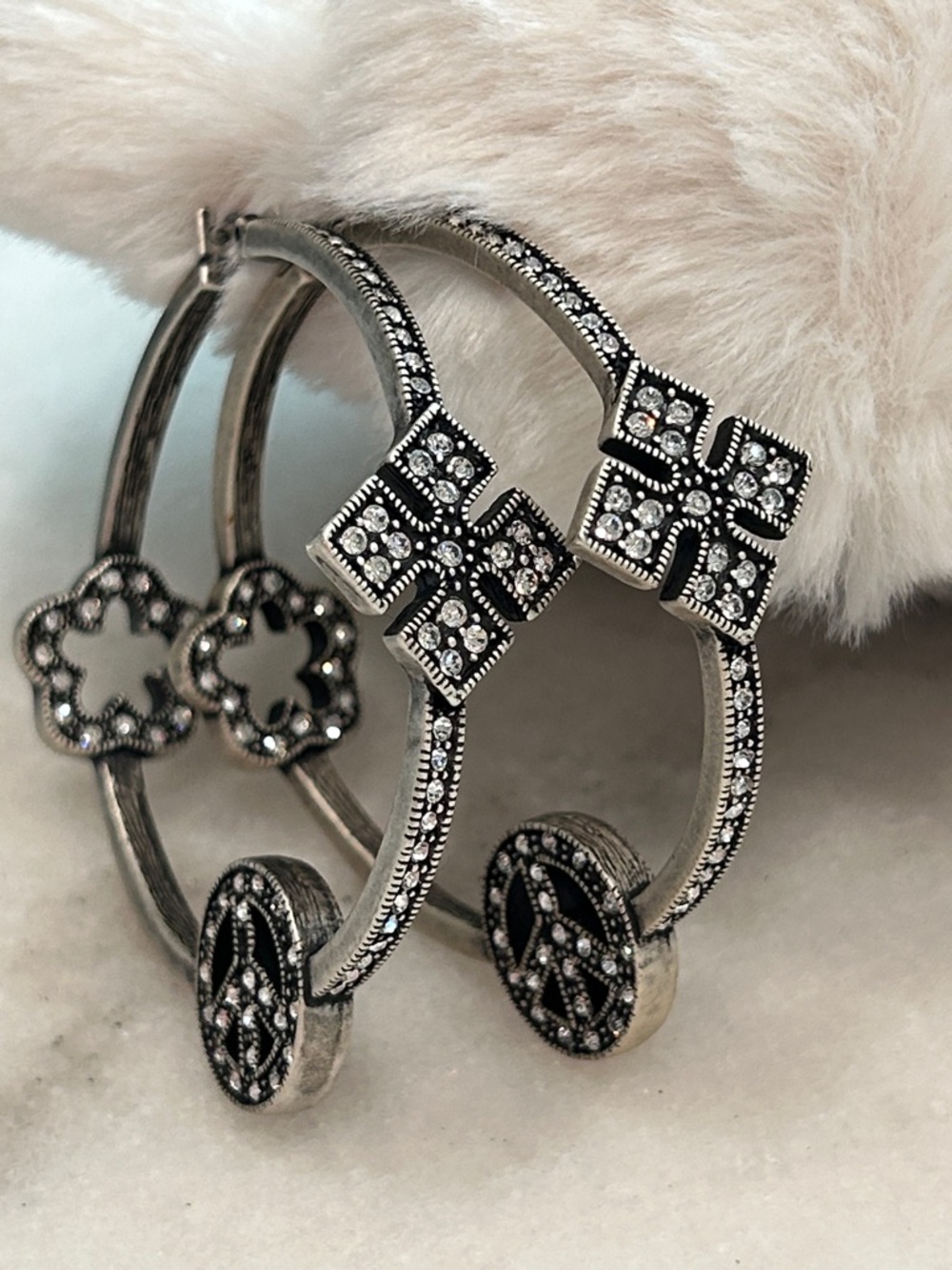 Silver Crystal-Embellished Hoop Earrings with Cross Motif - Women Jewelry